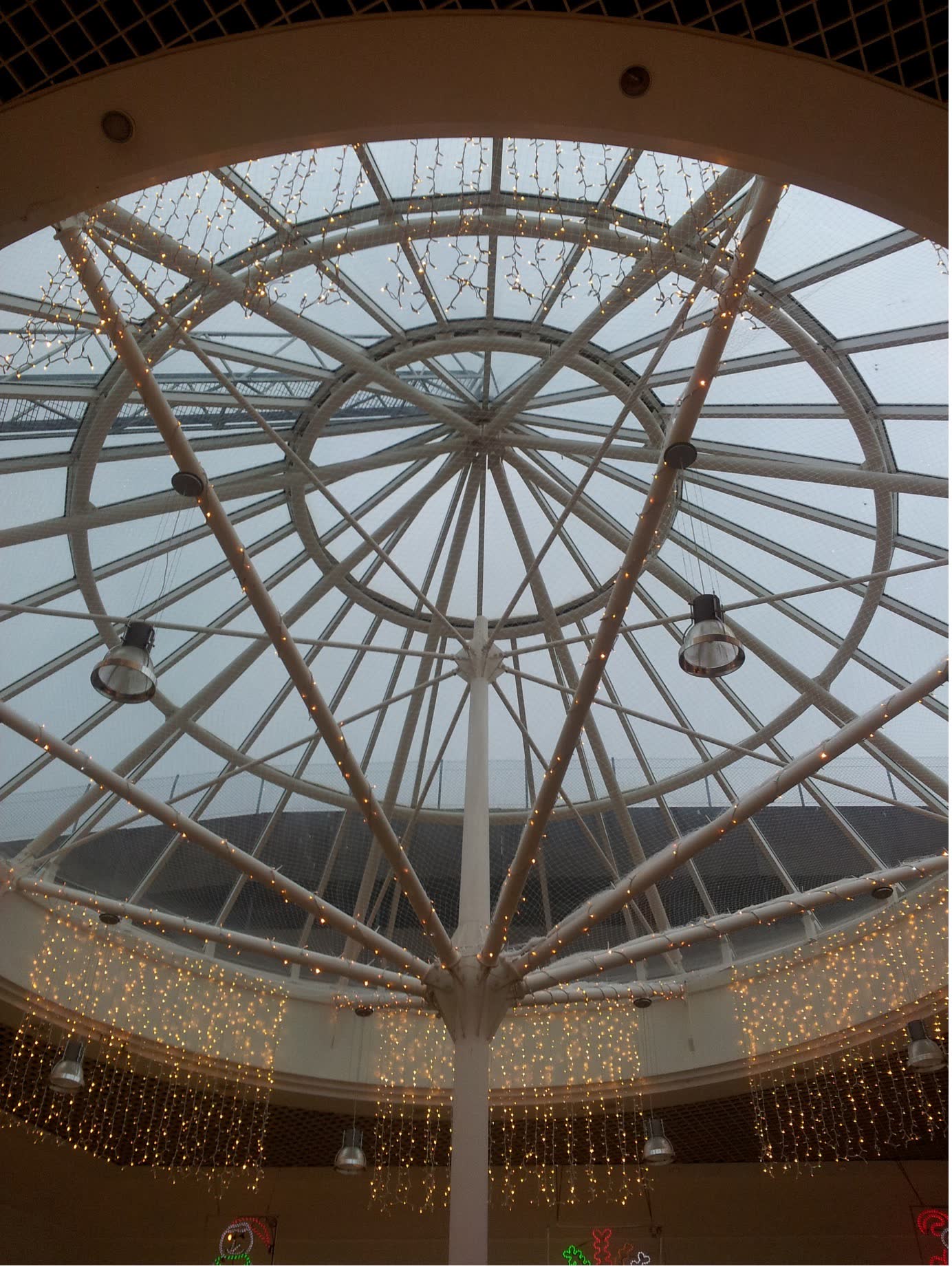 Interior view looking up into the Alexandra Palace glass dome